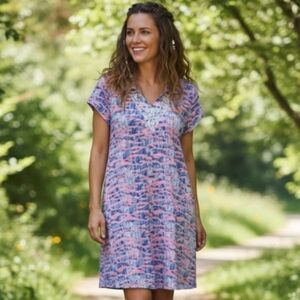 Kate Landry  "Blue glow" Pink and Blue Embroidered Cotton Dress with Pockets